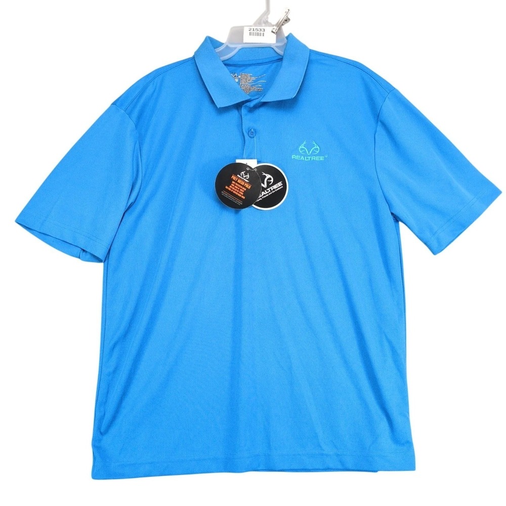 NWT Realtree Cerulean Blue Polo Shirt Mens M Mesh Performance Hunting Logo Trail